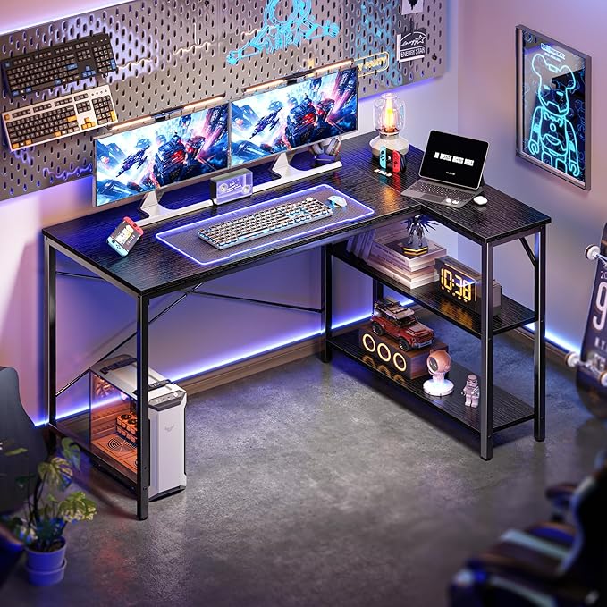 Huuger L Shaped Desk, 47 Inches Computer Desk with Reversible Storage Shelves, Gaming Corner Home Office Writing Study with Metal Frame, Black