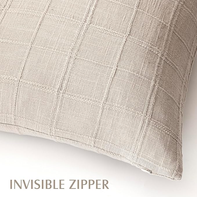 Foindtower Set of 2 Decorative Linen Check Throw Pillow Covers Neutral Farmhouse Vintage Cushion Covers Modern Boho Home Decor For Sofa Chair Couch Bedroom Living Room Outdoor,16×16 Inch,Natural Linen