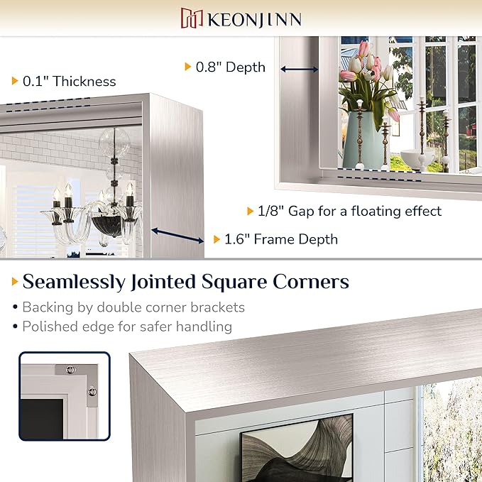 Keonjinn 30 x 36 in Brushed Nickel Bathroom Mirror for Over Sink, Rectangular Silver Metal Framed Rectangular Vanity Wall Mirror Square Corner Modern Farmhouse Rectangle Mirror(Horizontal/Vertical)