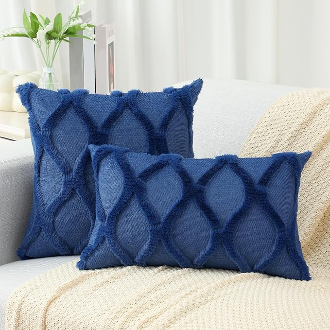 decorUhome Throw Pillow Covers 18x18 Inch Set of 2, Soft Plush Faux Fur Wool Dark Blue Couch Pillow Covers, Decorative Neutral Pillow Cases for Bed Sofa Living Room Home Decor