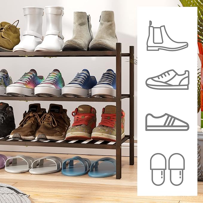 Shoe Rack for Closet, 3-Tier Bamboo Wood Shoe Racks, Stackable | Beautiful | Natural | Functional | Sturdy, Bamboo Shoe Rack for Entryway Hallway Closet