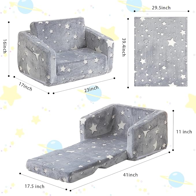 Kids Couch Fold Out, Foldable Toddler Couch with Blanket, Kids Sofa for Girls & Boys, Flip Out Toddler Chair, Convertible Sofa to Lounger for Children Age 1-3 (Glow Star)
