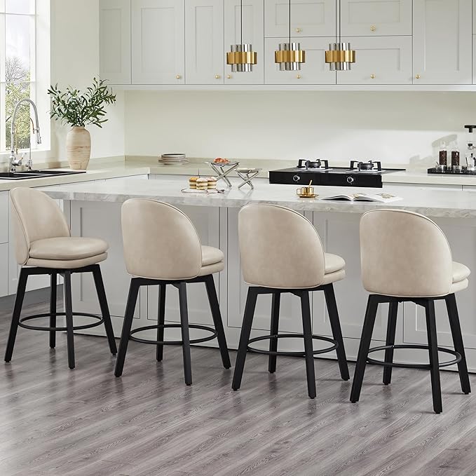 Counter Height Barstools 26 inch Upholstered Swivel Bar Stools with Back and Wood Legs for Kitchen Island,Set of 4,Beige PU Leather-Armless