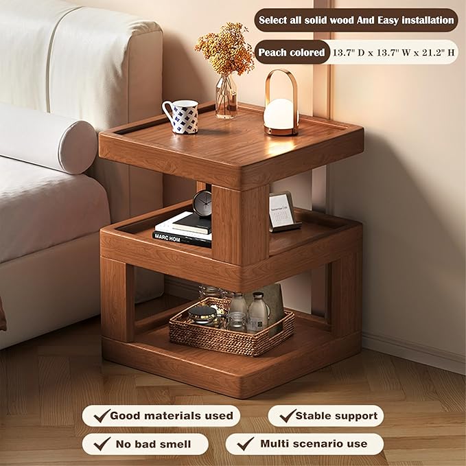 Nightstand Bedside Table with 3-Tier Storage, Modern Solid Rubberwood End Side Table for Bedroom Living Room,Original Wood Color Walnut (13.7" D x 13.7" W x 21.2" H)