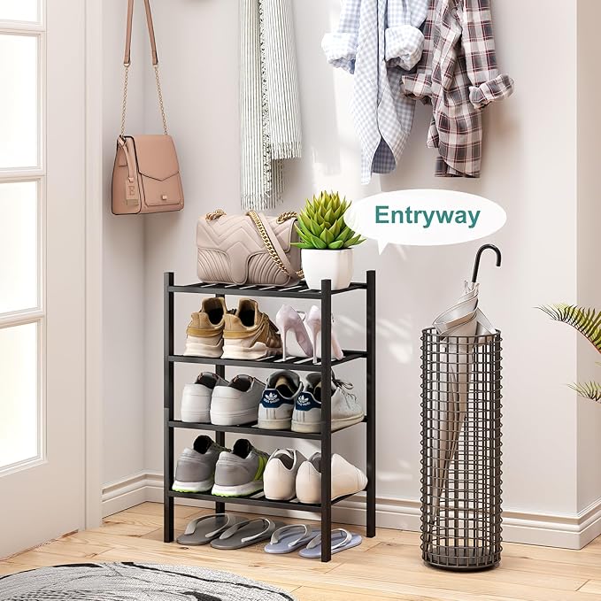 Black Small Shoe Rack for Entryway, 4-Tier Bamboo Shoe Organizer for Hallway Closet, Free Standing Shoe Racks for Indoor Outdoor