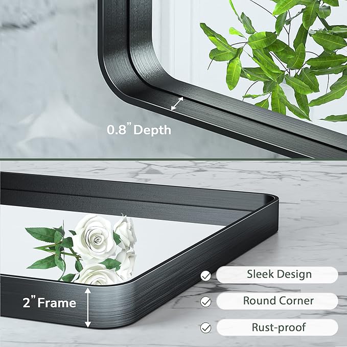 TokeShimi 48x40 Inch Wall Mirror Black Bathroom Vanity Mirror with Metal Frame Aluminum Alloy Soft Rounded Corner for Modern Farmhouse Wall Decor 1”Deep Set Design (Horizontal/Vertical)