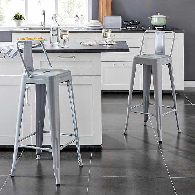 AC Pacific 30” Metal Barstool Set of 2 – Country Rustic Style with Low Back, Lightweight & Sturdy Build, Easy Assembly – Matte Silver