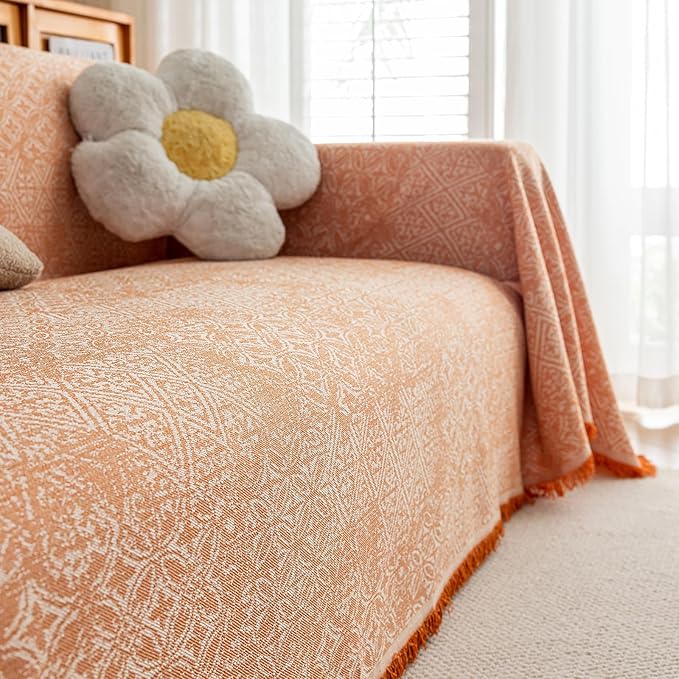 STACYPIK Boho Large Sofa Cover for Pets, Orange Geometric Couch Cover for 2 Cushion Sofa, Washable Dogs Protector for Living Room Anti-Slip Sectional Covers for Loveseat Tassel Throw Blanket-71X118IN