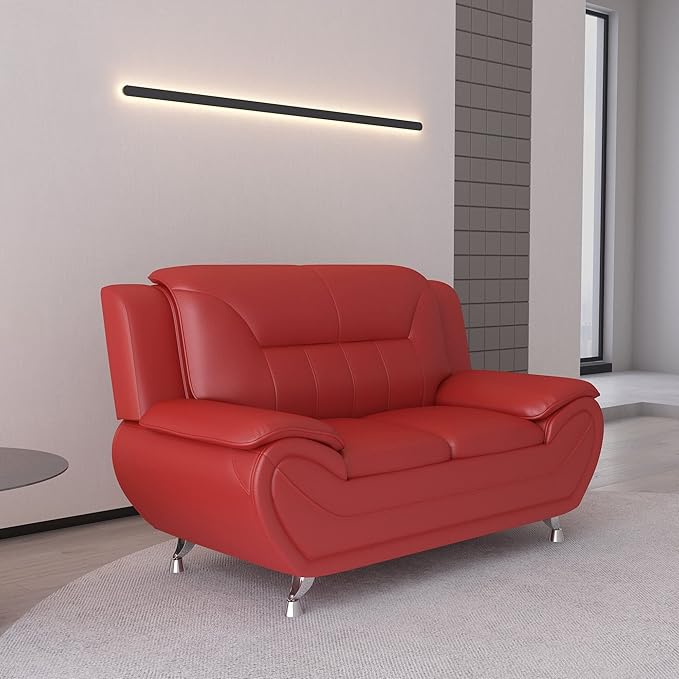 Container Furniture Direct Michael Modern Faux Leather Upholstered Stainless Steel Legs Living Room, Chair, Loveseat, Sofa, White Dove