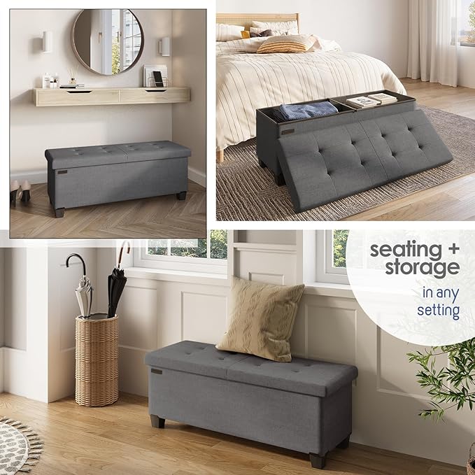 STORAGEBUD Storage Ottoman Bench with Bins, 43-in Storage Bench for Bedroom End of Bed, Folding Foot Rest Ottoman for Living Room Max 660lbs, Fabric Ottomans, Grey