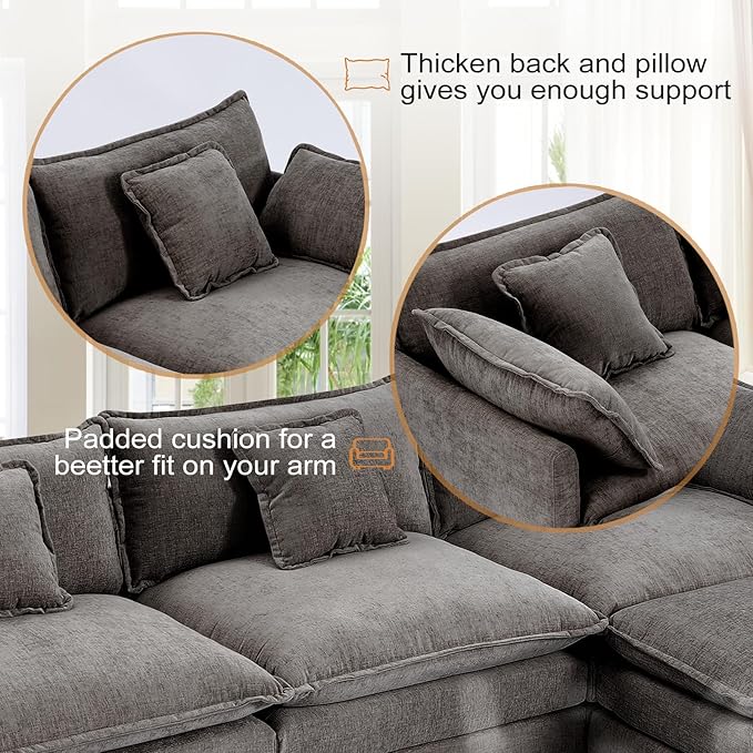 Furniliving 112‘’ L-Shaped Sofa, Luxury Chenille Modular Sectional Couches with Ottoman, Upholstered Deep Seat Sleeper Sofa with Memory Foam and Waist Pillows, Grey