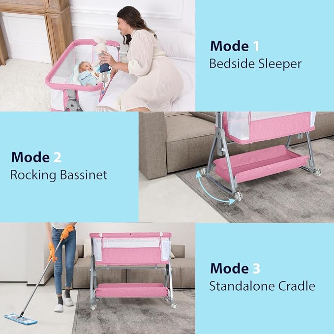 Baby Bassinet Bedside Sleeper, 3 in 1 Rocking Bassinet for Baby, Arms Reach Co Sleeper Bassinet with Wheels, Adjustable Height, Storage, Mattress & Canopy (Pink)