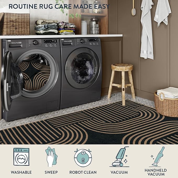 Lahome Modern Geometric Outdoor Easy Jute Rug, 5x7 Patio Living Room Rug Large Black Carpet for Bedroom, Farmhouse Washable Indoor Outdoor Carpet for Dining Room Backyard Deck
