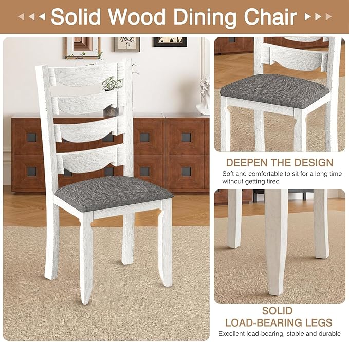 Solid Wood Dining Chair Set of 4, Kitchen Dining Room Chair with Upholstered Cushion & Wooden Legs, Modern Wood Side Chairs for for Kitchen, Washed Gray