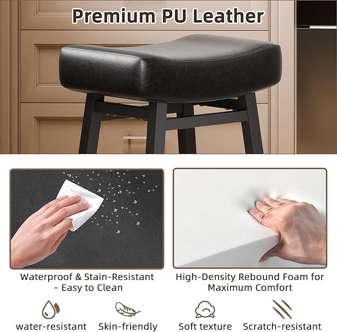 Counter Height Bar Stools Set of 6, 24 Inch Backless BarStools for Kitchen Island Leather Saddle Bar Chairs Kitchen Stools with 4" Thick Seats & Heavy Duty Metal Base, Black