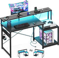 AODK Computer Desk, 48 Inch Gaming Desk with Led Lights & Power Outlet, Office Desk with Storage Shelves, Reversible Desk with Monitor Shelf & Headphone Hook, Carbon Fiber Black