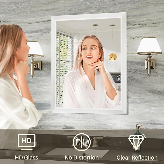 36x36 Inch White Bathroom Mirror for Wall, Thick Metal Framed Rectangle Mirrors for Over Sink, Bedroom, Living Room, Entryway, Anti-Rust, HD Tempered Glass