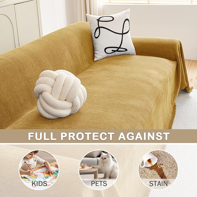 hyha Couch Cover for Dogs, Boho Sofa Covers for 3 Cushion Couch Washable, Chenille Sofa Slipcover for Pets, Soft Loveseat Sectional Couch Throw Blankets with Tassels (Yellow, 71x134 Inch)