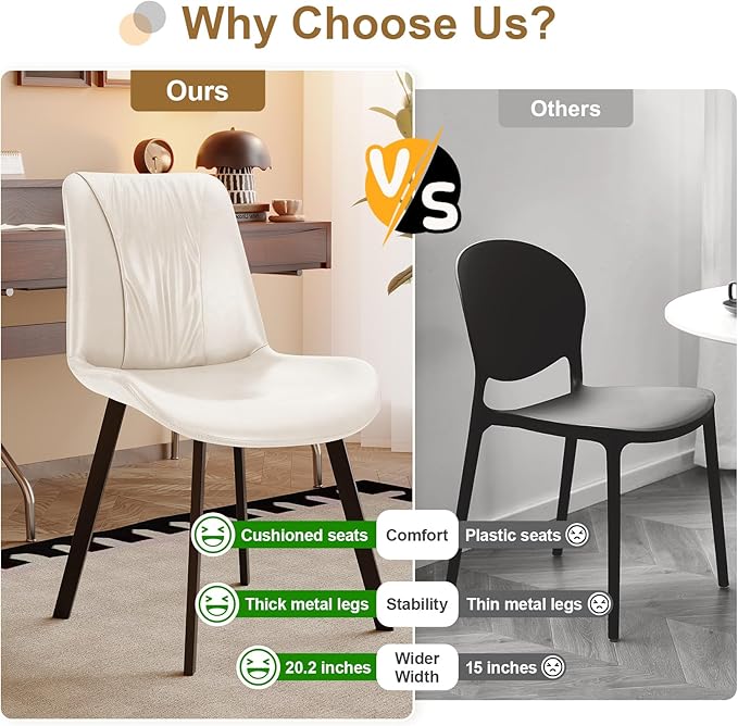 Upholstered Dining Chairs Set of 2, Modern Kitchen & Dining Room Chairs, Faux Leather, Sturdy Metal Legs, for Living Room, Cafe & Restaurant- White