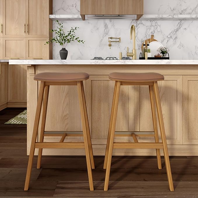 Plank+Beam Beryl Bar Height Stool - Mid-Century Modern Rubberwood Bar Stool with Faux Leather Seat, Metal Footrest, Easy Assembly, 4-Pack, Pecan/Toffee