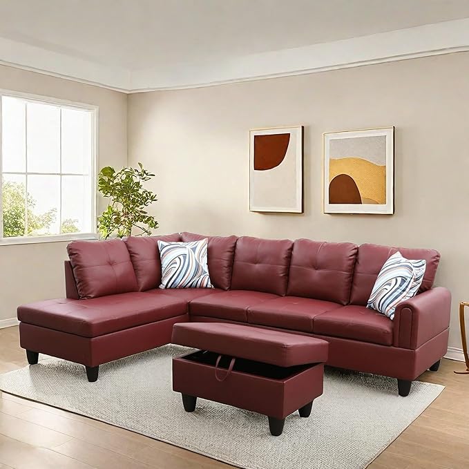 NAYSAYE Sectional Couch with Ottoman Storage, L Shaped Couch Sofa Furniture Sets, Modern Comfy Modular Comfy Sofa for Living Room Bedroom, Office and Apartment, Red
