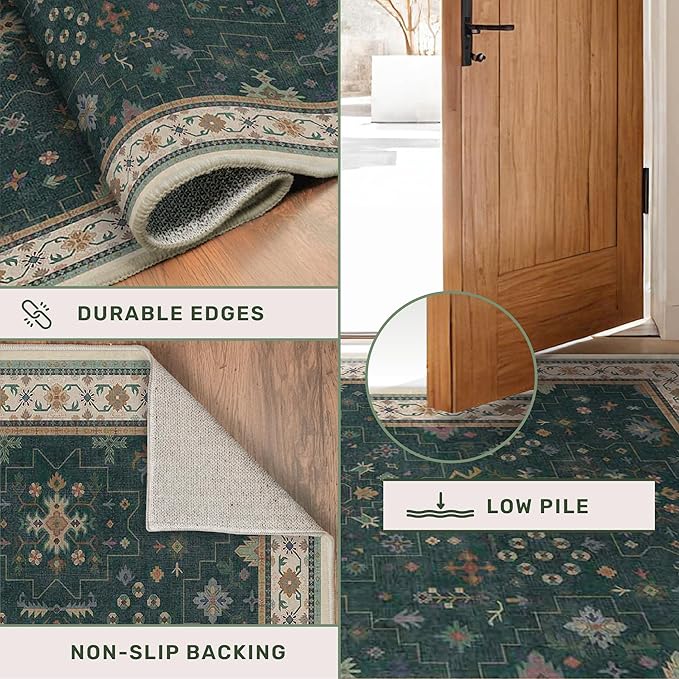 Dark Green 2x3 Door Mat Indoor Entrance Rug - Small Throw Area Rugs for Entryway, Kitchen, Bathroom, Bedroom, Laundry Room - Vintage Boho Eclectic Floral, Washable Low Pile Non-Slip