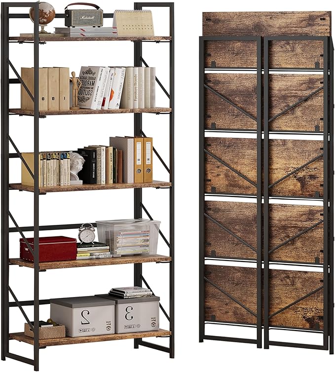 JSB No Assembly Folding Bookshelf, 5 Tier Industrial Metal Book Shelf for Storage, Vintage Wood Foldable Bookcase for Living Room, Bedroom, Office Organization Shelves