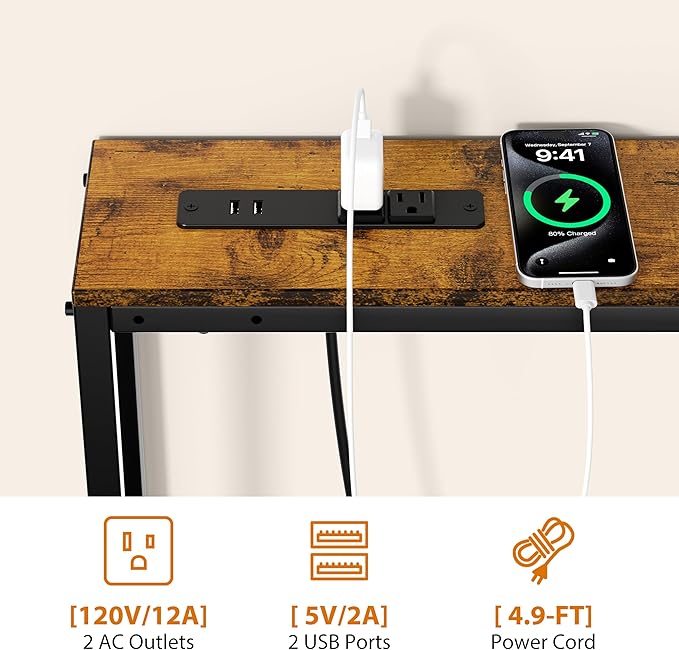 GRLEAF L Shaped Narrow Console Table with Outlet, 78" Sofa Tables Narrow Long, Behind Couch Table, Skinny Entryway Tables with Charging Station,for Living Room,Hallway (Rustic Brown,78IN)