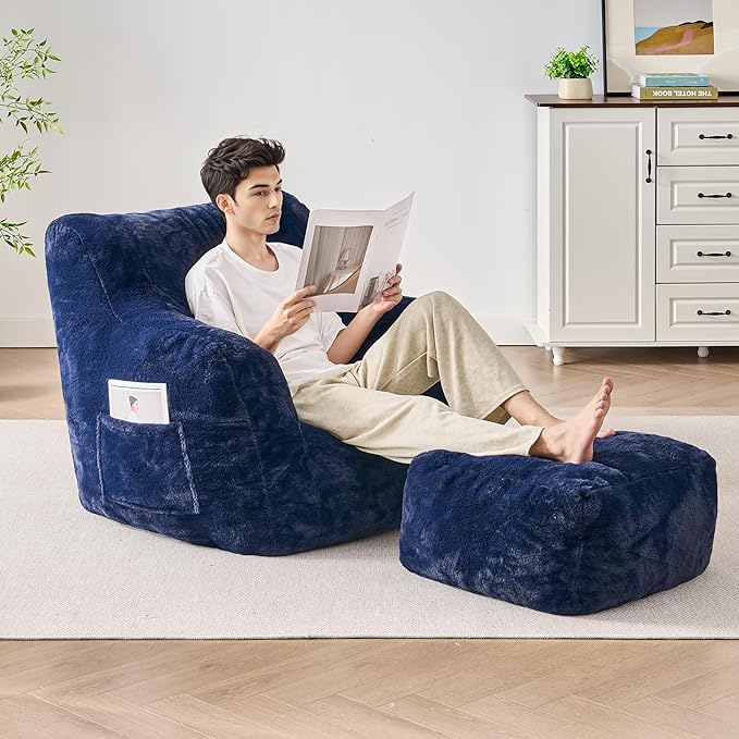 Giant Bean Bag Chairs for Adults with Ottoman, Faux Fur Boneless Chaise Couch Filler with Memory Foam,Large BeanBag Lounge Lazy Floor Sofa Accent Chair for Living Room,Bedroom & Game Rooms