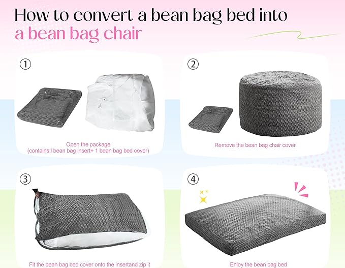 Hobestluk Bean Bag Chair Convertible Beanbag Chairs for Adults, 3 in 1 Bean Bags with Plush Chevron Cover, Adult Bean Bag Chair for Living Room, Bedroom (Pink, Full)