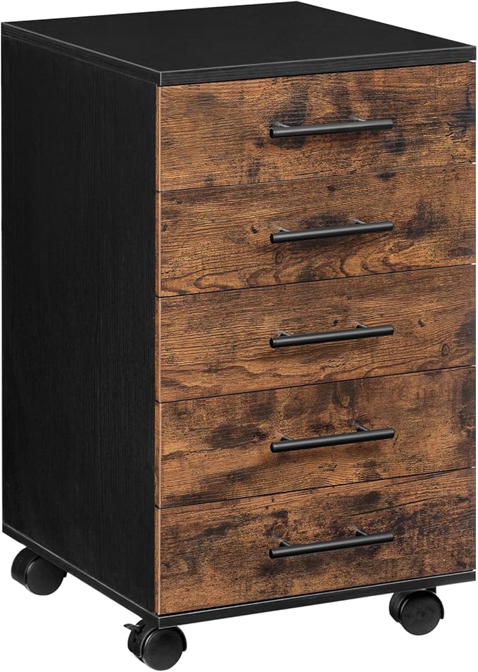 HOOBRO 5-Drawer File Cabinet, Office Filing Cabinet with Drawers, Wooden Mobile Storage Cabinet with Wheels, for Makeup, Home Office, Easy Assembly, Rustic Brown BF05WJ01G1