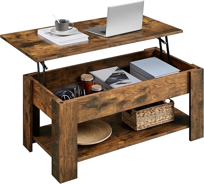 Yaheetech Vintage Coffee Table, Lift Top Coffee Table with Large Hidden Storage Shelf, Lift Tabletop Dining Table for Living Room, Home Small Space, 38.6in, Rustic Brown