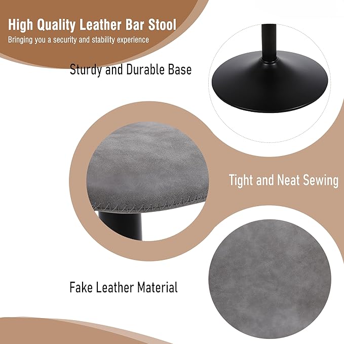 Bar Stools, Swivel Counter Height Barstools with Back, Adjustable Modern Bar Chairs, Tall Armless PU Leather Kitchen Island Stool (Grey, Set of 4)