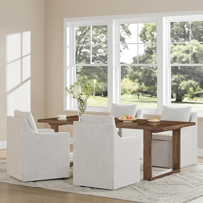 Upholstered Dining Chairs with Casters Easy Assembly Side Deskchair with Rollers for Diningroom, Living Room, Linen, 1 Box