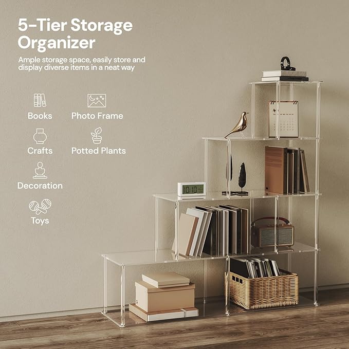 5-Tier Acrylic Stepped Bookshelf with 6 Cube, Modern Bookcase, Clear Open Book Shelf for Home Office, Living Room, Bedroom, 11.8" D x 47.2" W x 49.2" H