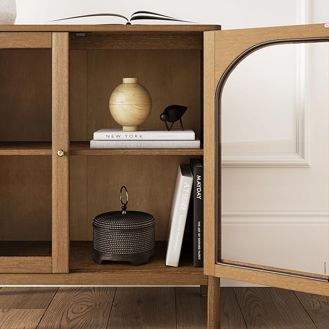 Nathan James Mason TV Stand, Free Standing Accent Sideboard Buffet, Credenza with Glass Doors and Adjustable Shelf in Brushed Light Brown Wood for Dining Room, Entryway and Living Room, Set of 4