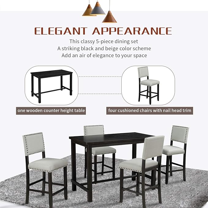 5 Pieces Dining Table Set,Wooden Living Room Furniture with 52" Rectangle Kitchen Desk,4 Upholstered Chairs W/Curved Backrests,for Restaurant,Home Bistro,Espresso and Beige