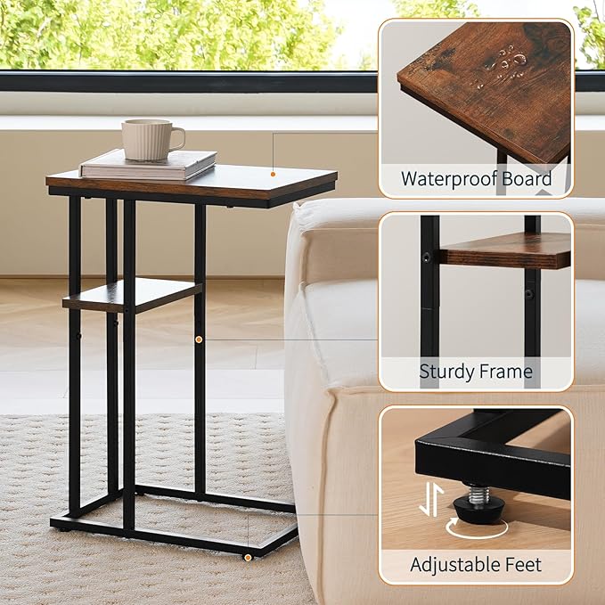 Yoobure C Table End Table Set of 2, Side Tables Living Room, C Shaped Side Table, Couch Tables That Slide Under Couch Table with Metal Frame, Rustic Snack Table for Bedroom/Small Spaces Large Desktop