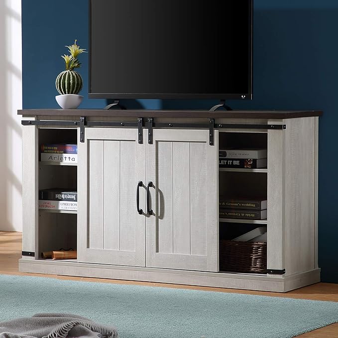 Farmhouse TV Stand for 60inch Television Stand, Entertainment Center with Storage Cabinet and Sliding Barn Doors & Adjustable Shelves, Rustic Media Console Table for Living Room