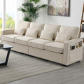 104" 4-Seater Modern Linen Fabric Sofa with Armrest Pockets,Minimalist Style Wood Frame Couch,w/ 4 Pillows,for Living Room,Apartment,Office,Beige