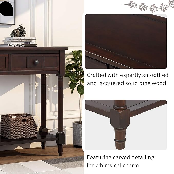 Bellemave Console Table with Drawers, Retro Entryway Table with 2 Drawers and Open Storage Shelf, Narrow Long Sofa Table, Behind Couch Table for Living Room, Foyer and Hallway,Espresso