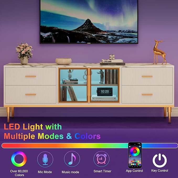 66" Fluted TV Stand with LED Light, Modern Entertainment Center for TVs Up to 75 Inch, Wood TV Media Console with Faux Marble Top, 4 Drawers, Glass Door for Living Room, White