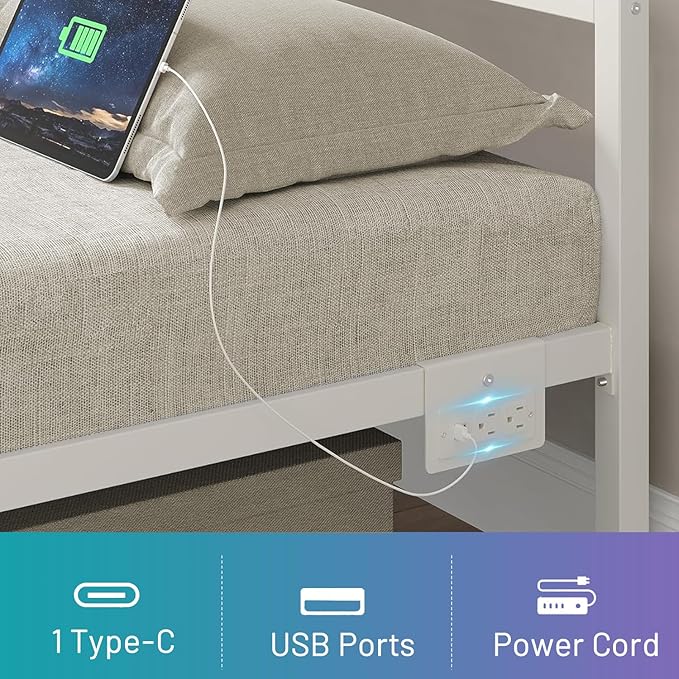 Queen Bed Frame with Headboard,Heavy Duty Steel Slats Support-LED Bed Frame with USB Charging Station,Mattress Foundation-Under Bed Storage,No Box Spring Needed,Noise Free,White
