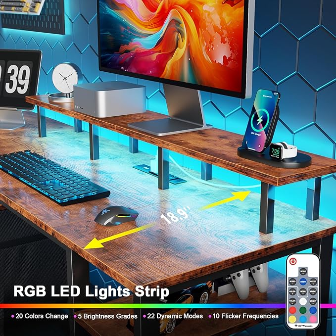 Furologee 61" Computer Desk with Power Outlet and LED Lights, Desk with Fabric File Cabinet Drawer, Large Reversible Table with Shelves and Monitor Stand, Writing Study Table for Home Office