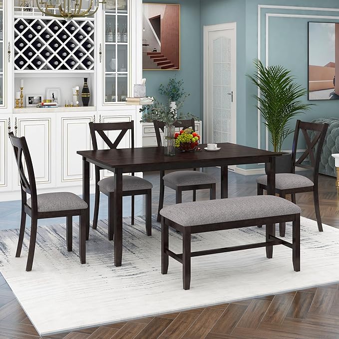 Ball & Cast 6 Piece Dining Table Set with 4 "X-Shaped Curved Backres Fabric Chairs & 1 Bench,Living Room Furniture W/ 60" Rectangle Kitchen Desk,for Restaurant,Home Bistro,Espresso
