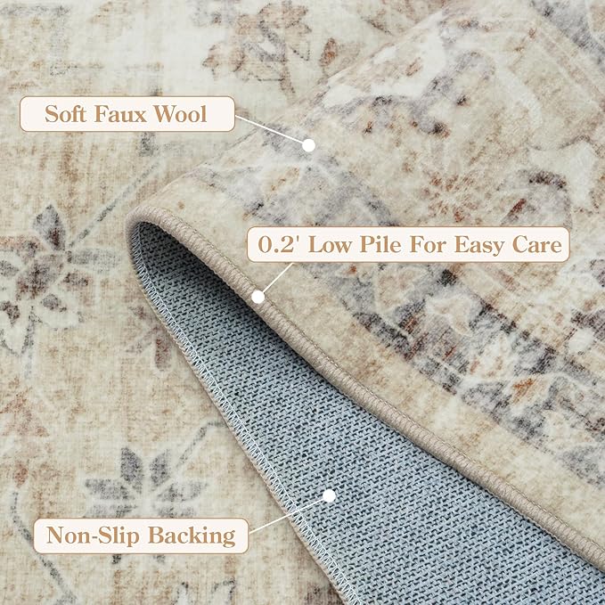LIVEBOX Washable Area Rug 5x7 Rugs for Living Room Bedroom, Non-Slip Boho Neutral Carpet for Dining Room Office, Low-Pile Farmhouse Soft Carpets for Kids Nursery Room Playroom, Tan