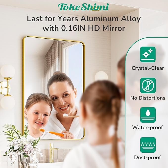TokeShimi 48x36 Gold Bathroom Mirror for Over Sink,Tempered Glass,Rectangle Mirror for Bathroom,Large Bathroom Mirror for Vanity(Horizontal/Vertical)