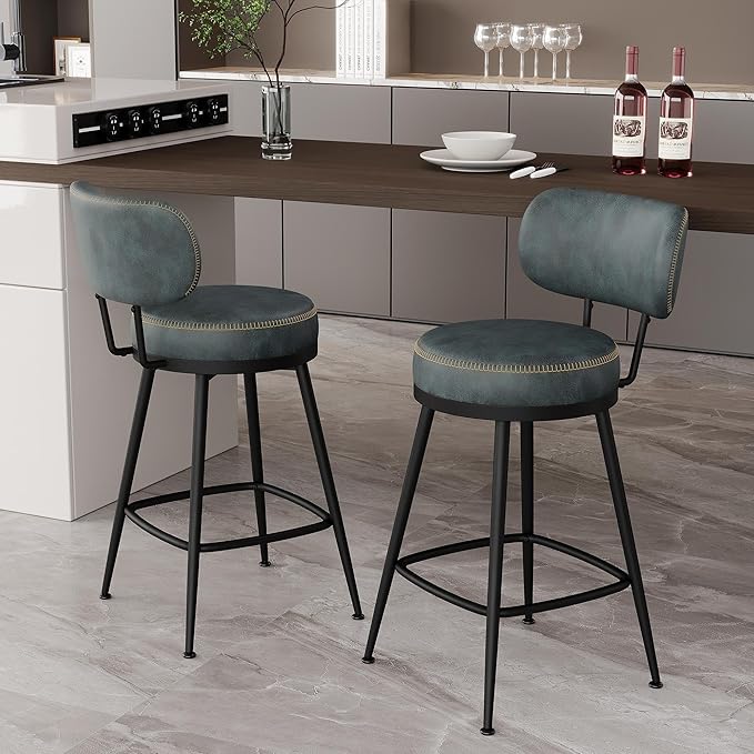 Counter Height Bar Stools, 26" H Swivel Barstools Set of 2, Faux Leather Kitchen Counter Stools with Back and Stylish Stitching, Metal Frame, Pub, Home Bar, Balck Green