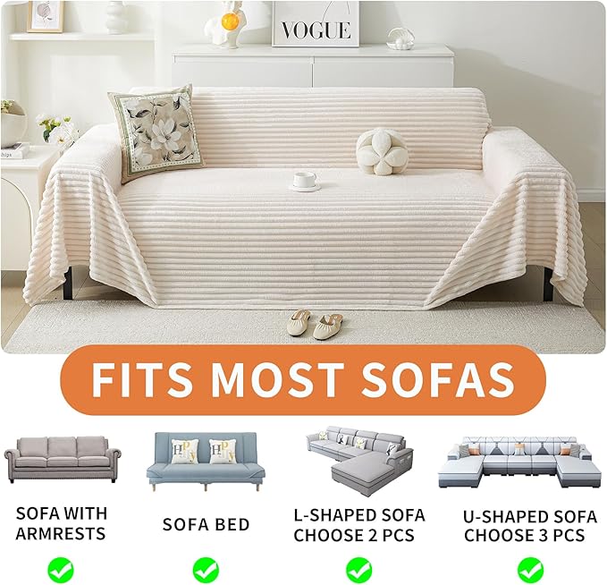HAOMAIJIA Faux Fur Sofa Covers Couch Covers for 2 Cushion Couch Sofa Pet Friendly Soft Non Slip Couch Cover for Dogs Washable Sectional Couch Covers L Shape Furniture Protector (Off White, 71"x118")