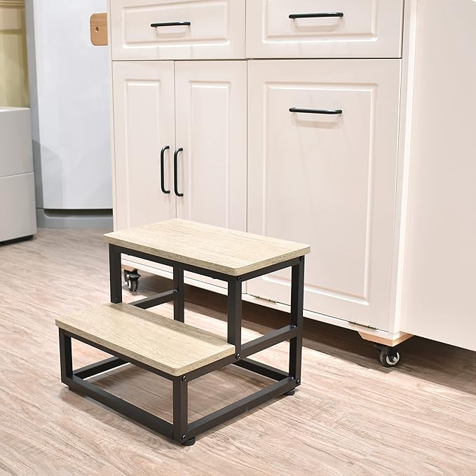 Step Stool, Wood and Metal Step for Adults Kids, Bedside Stepping Stool for High Bed with Round Corners, 2 Steps Foot Stool for Kitchen Bedroom, Load 500 LB, Beige